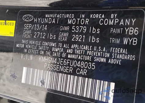 2015 Hyundai Genesis 3.8 from USA, damaged, VIN KMHGN4JE6FU048035